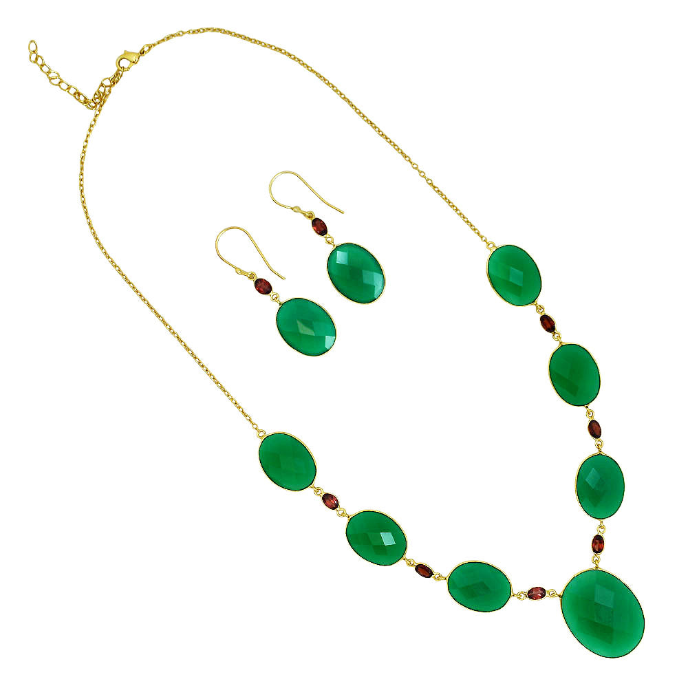 18K Gold Plated Green Onyx and Garnet Necklace Earrings Set TT01005