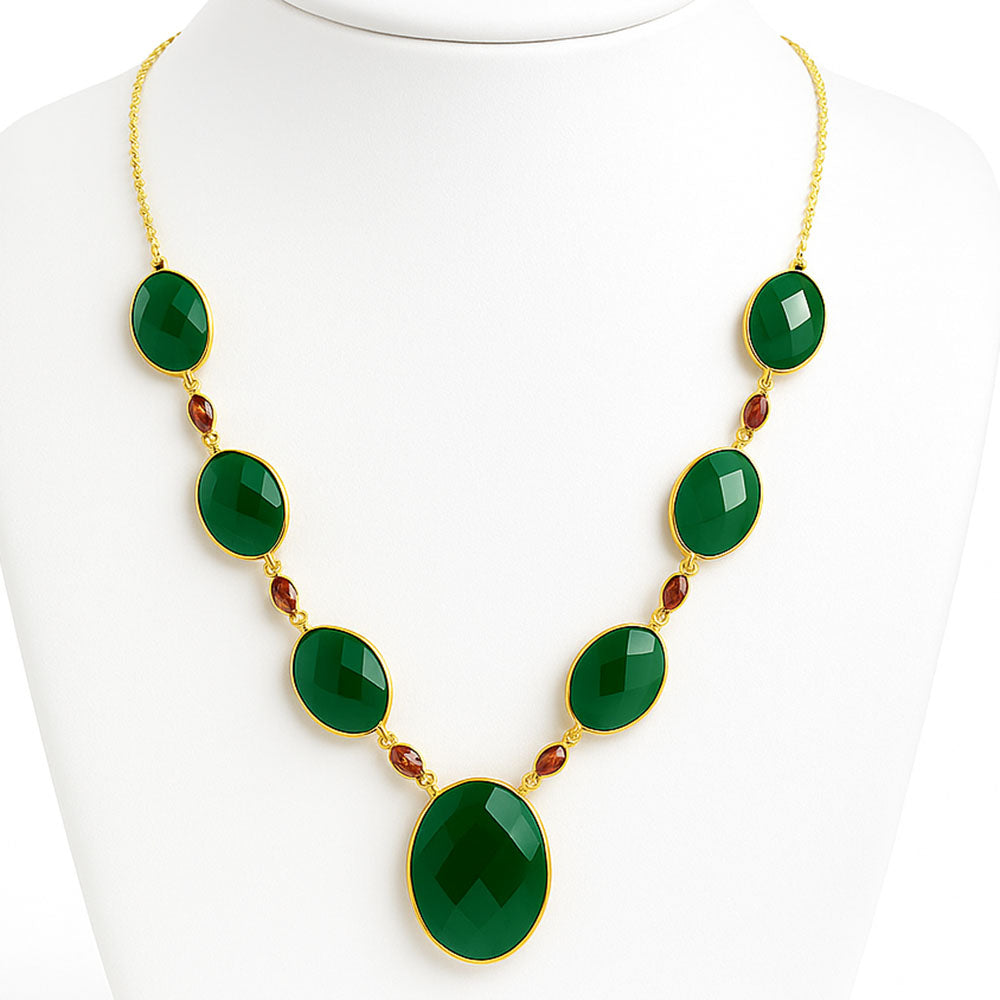 18K Gold Plated Green Onyx and Garnet Necklace Earrings Set TT01005