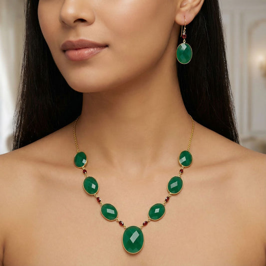 18K Gold Plated Green Onyx and Garnet Necklace Earrings Set TT01005