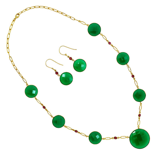 18K Gold Over Brass Green Onyx and Garnet Necklace Earrings Set TT01006