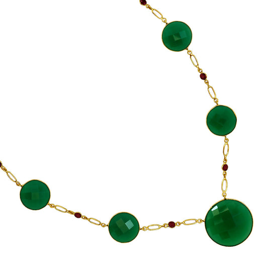 18K Gold Over Brass Green Onyx and Garnet Necklace Earrings Set TT01006