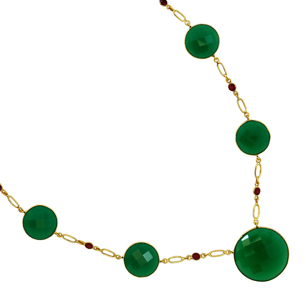 18K Gold Plated Green Onyx and Garnet Necklace Earrings Set TT01006