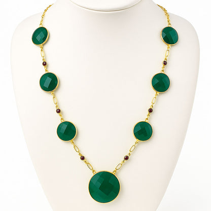 18K Gold Plated Green Onyx and Garnet Necklace Earrings Set TT01006