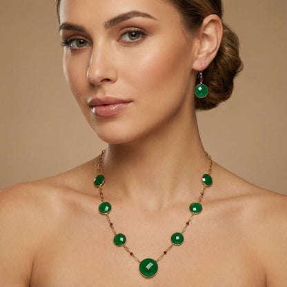 18K Gold Plated Green Onyx and Garnet Necklace Earrings Set TT01006
