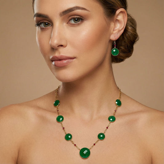 18K Gold Plated Green Onyx and Garnet Necklace Earrings Set TT01006
