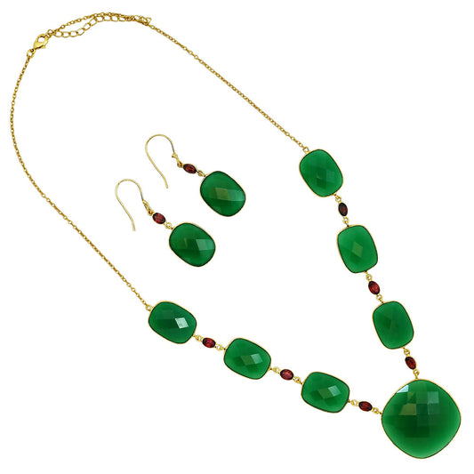 18K Gold Over Brass Green Onyx and Garnet Necklace Earrings Set TT01007