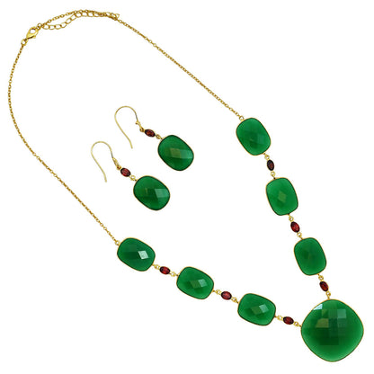 18K Gold Plated Green Onyx and Garnet Necklace Earrings Set TT01007