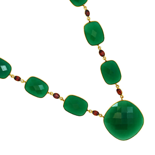 18K Gold Over Brass Green Onyx and Garnet Necklace Earrings Set TT01007
