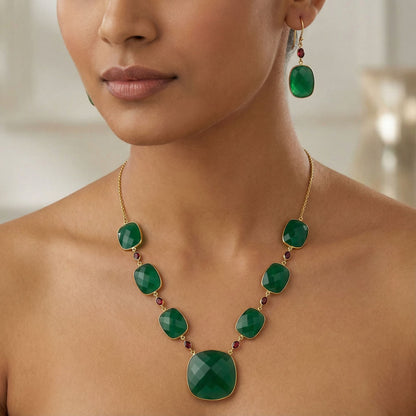 18K Gold Plated Green Onyx and Garnet Necklace Earrings Set TT01007