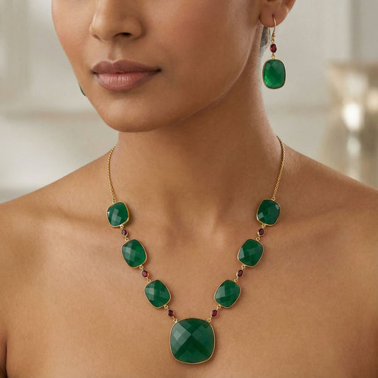 18K Gold Plated Green Onyx and Garnet Necklace Earrings Set TT01007