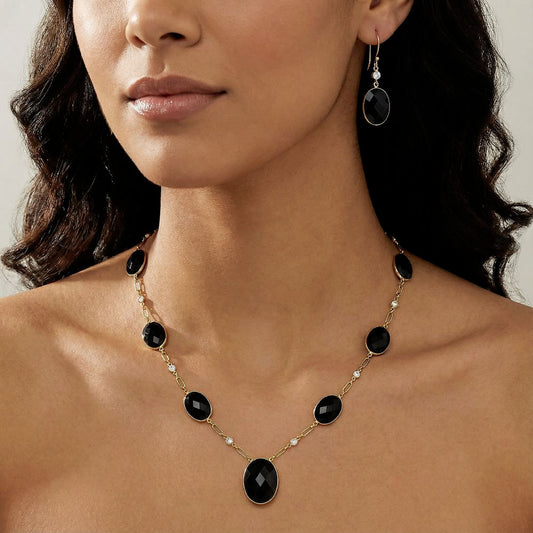 18K Gold Plated Black Onyx and White Quartz Necklace Earrings Set TT01008