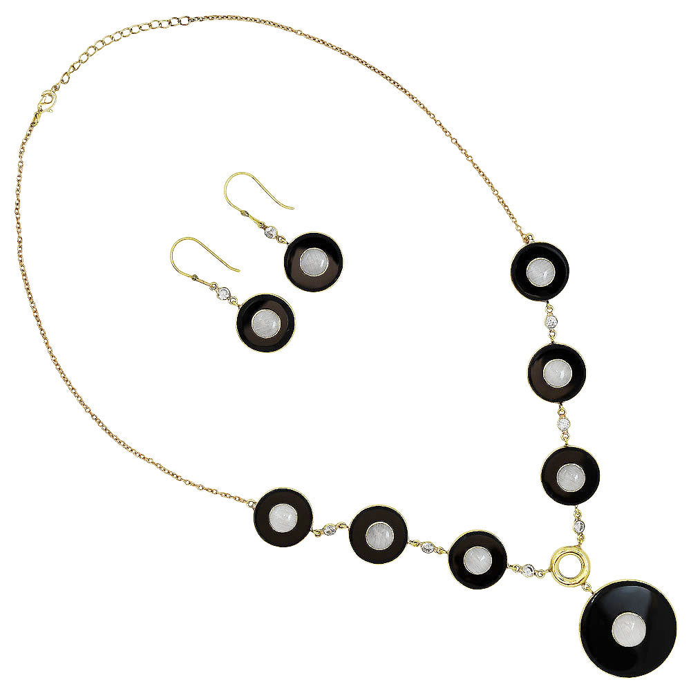 18K Gold Plated Black Onyx, Moonstone & Zircon Necklace Earrings Set TT01009