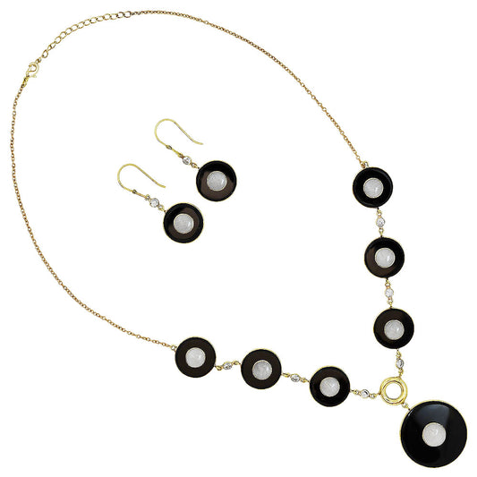 18K Gold Plated Black Onyx, Moonstone & Zircon Necklace Earrings Set TT01009