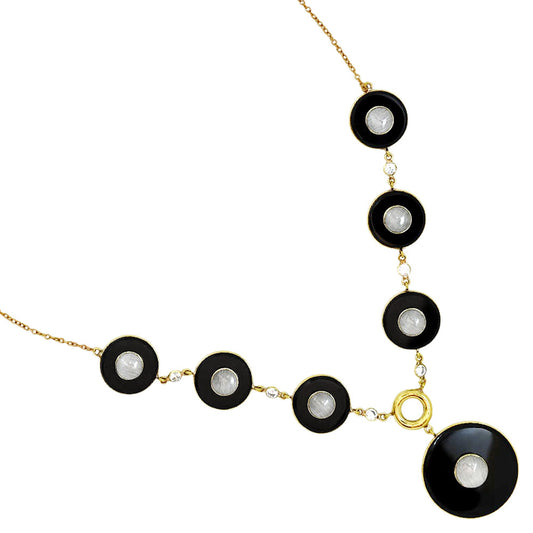 18K Gold Over Brass Black Onyx, Moonstone & Zircon Necklace Earrings Set TT01009