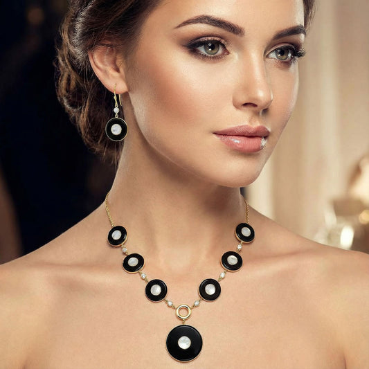 18K Gold Plated Black Onyx, Moonstone & Zircon Necklace Earrings Set TT01010