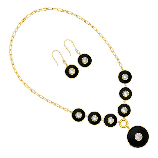 18K Gold Over Brass Black Onyx and Rainbow Moonstone Necklace Earrings Set TT01011