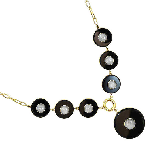 18K Gold Over Brass Black Onyx and Rainbow Moonstone Necklace Earrings Set TT01011