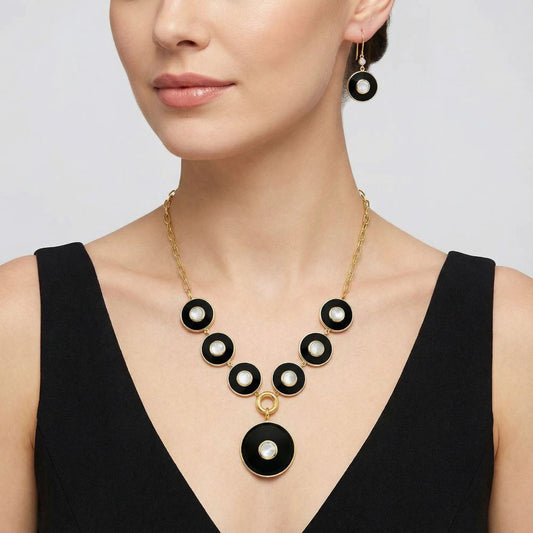 18K Gold Plated Black Onyx and Rainbow Moonstone Necklace Earrings Set TT01011