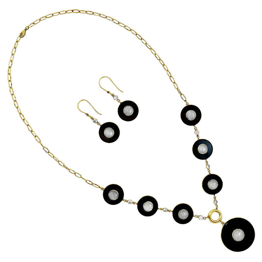18K Gold Over Brass Black Onyx, Moonstone & Zircon Necklace Earrings Set TT01012