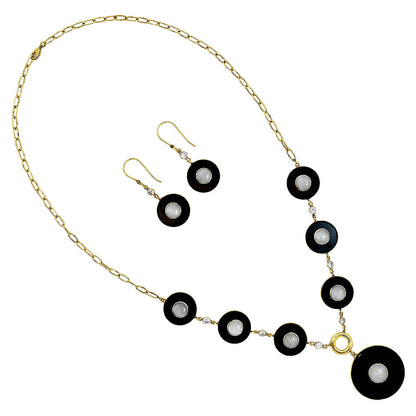 18K Gold Plated Black Onyx, Moonstone & Zircon Necklace Earrings Set TT01012