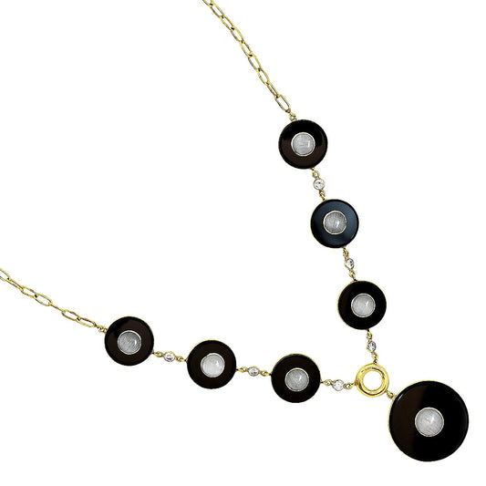 18K Gold Over Brass Black Onyx, Moonstone & Zircon Necklace Earrings Set TT01012