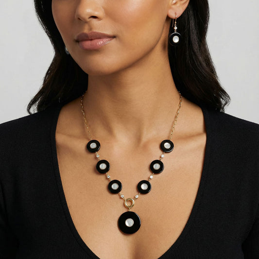 18K Gold Plated Black Onyx, Moonstone & Zircon Necklace Earrings Set TT01012