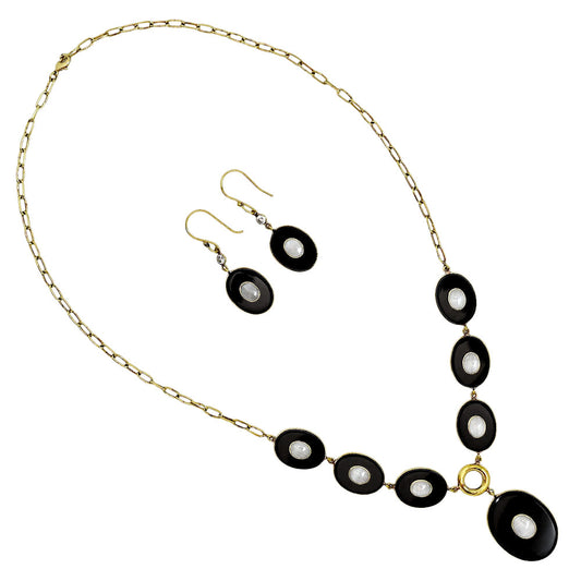 18K Gold Over Brass Black Onyx and Rainbow Moonstone Necklace Earrings Set TT01014