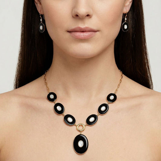 18K Gold Plated Black Onyx and Rainbow Moonstone Necklace Earrings Set TT01014