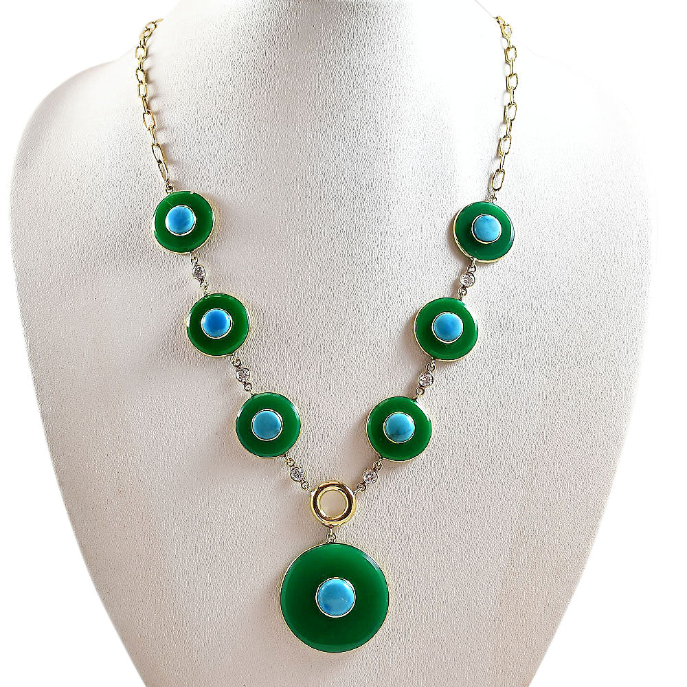 18K Gold Plated Green Onyx and Turquoise Necklace Earrings Set TT01015