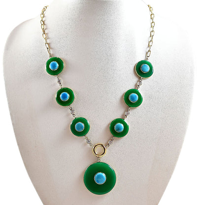18K Gold Plated Green Onyx and Turquoise Necklace Earrings Set TT01015