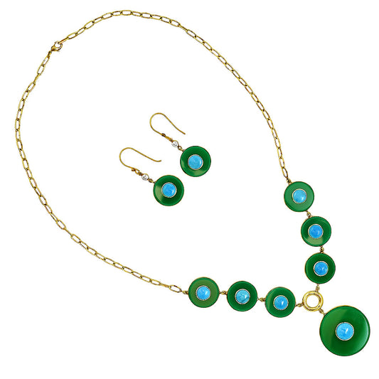 18K Gold Over Brass Green Onyx and Turquoise Necklace Earrings Set TT01016