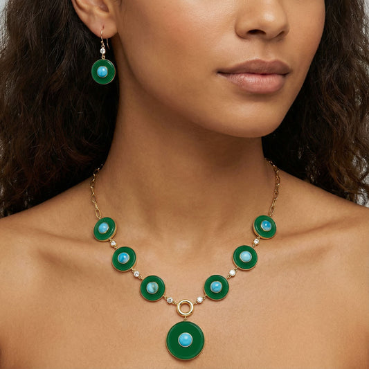 18K Gold Plated Green Onyx and Turquoise Necklace Earrings Set TT01016