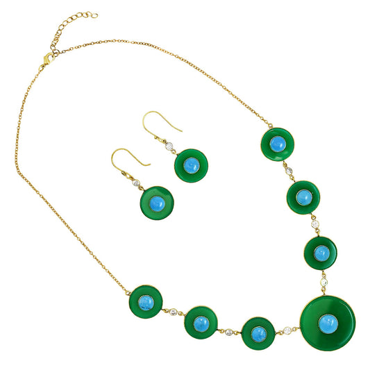 18K Gold Over Brass Green Onyx, Turquoise & Zircon Necklace Earrings Set TT01017