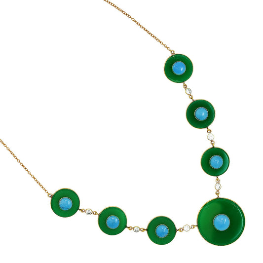 18K Gold Over Brass Green Onyx, Turquoise & Zircon Necklace Earrings Set TT01017