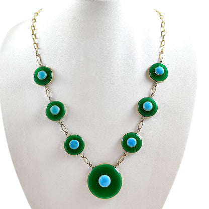 18K Gold Plated Green Onyx, Turquoise & Zircon Necklace Earrings Set TT01017