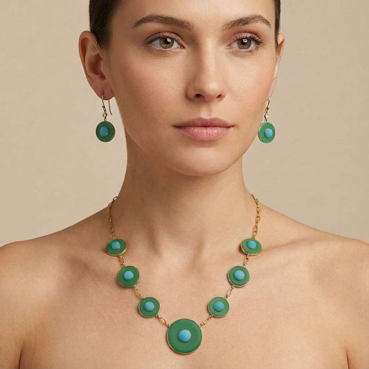 18K Gold Plated Green Onyx, Turquoise & Zircon Necklace Earrings Set TT01017