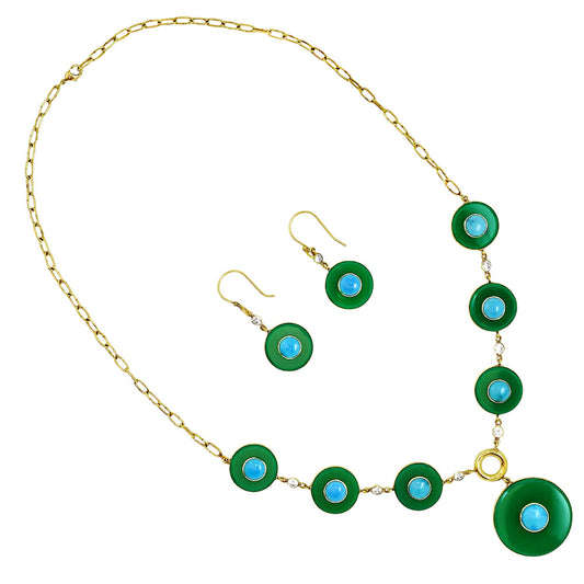 18K Gold Over Brass Green Onyx, Turquoise & Zircon Necklace Earrings Set TT01018