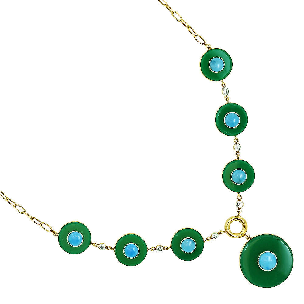 18K Gold Plated Green Onyx, Turquoise & Zircon Necklace Earrings Set TT01018