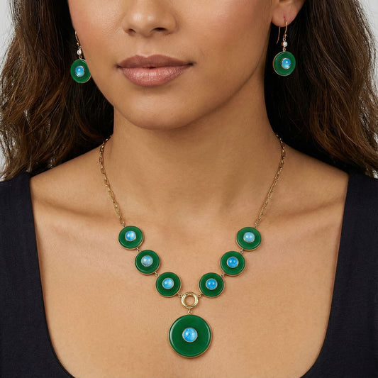 18K Gold Plated Green Onyx, Turquoise & Zircon Necklace Earrings Set TT01018