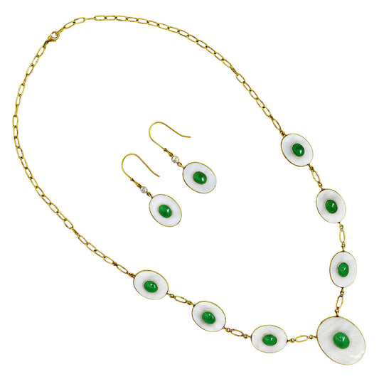18K Gold Over Brass Mother Of Pearl and Green Onyx Necklace Earrings Set TT01019