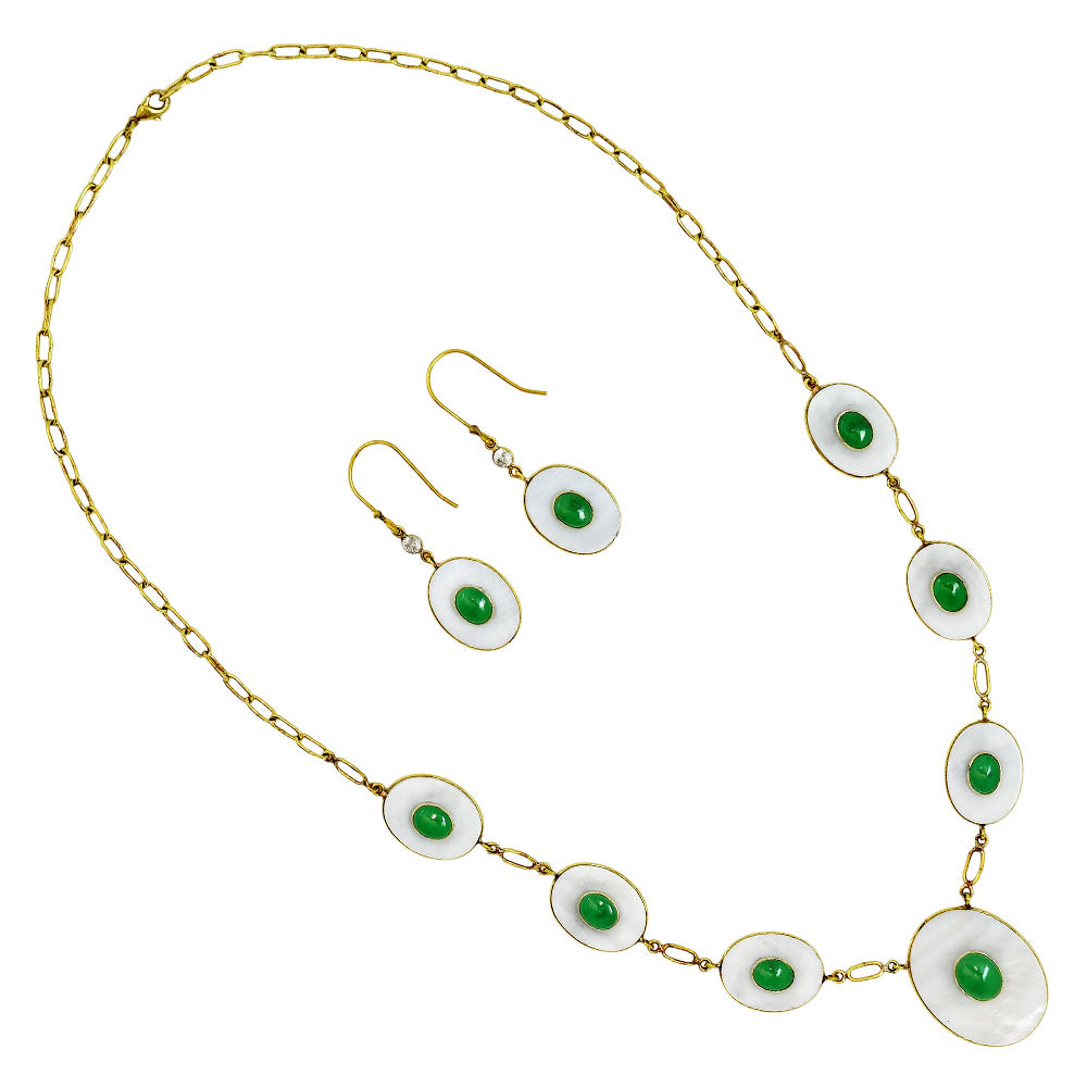 18K Gold Plated Mother Of Pearl and Green Onyx Necklace Earrings Set TT01019