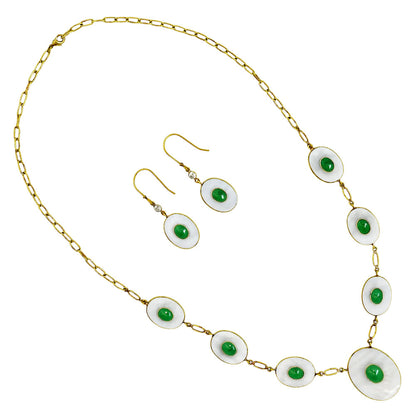 18K Gold Plated Mother Of Pearl and Green Onyx Necklace Earrings Set TT01019