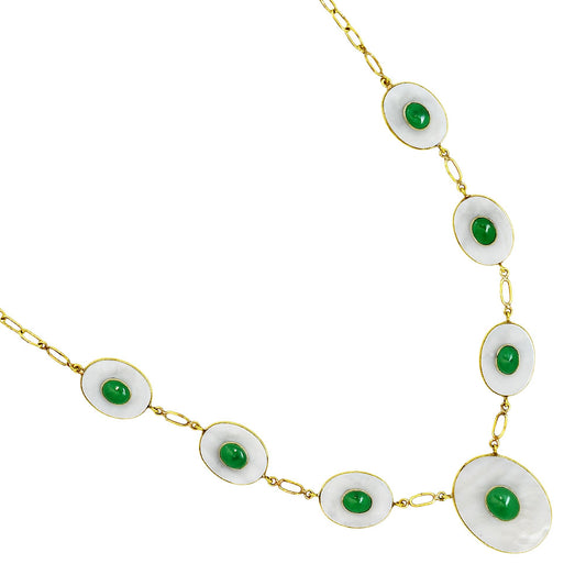 18K Gold Over Brass Mother Of Pearl and Green Onyx Necklace Earrings Set TT01019