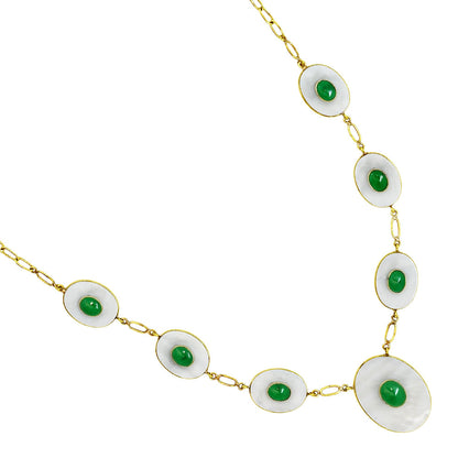 18K Gold Plated Mother Of Pearl and Green Onyx Necklace Earrings Set TT01019