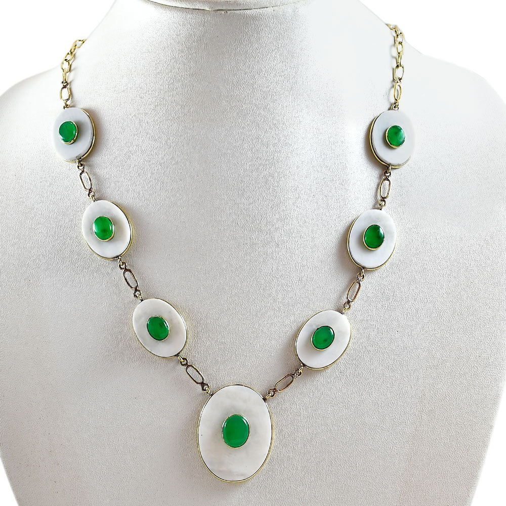 18K Gold Plated Mother Of Pearl and Green Onyx Necklace Earrings Set TT01019
