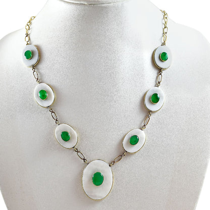 18K Gold Plated Mother Of Pearl and Green Onyx Necklace Earrings Set TT01019