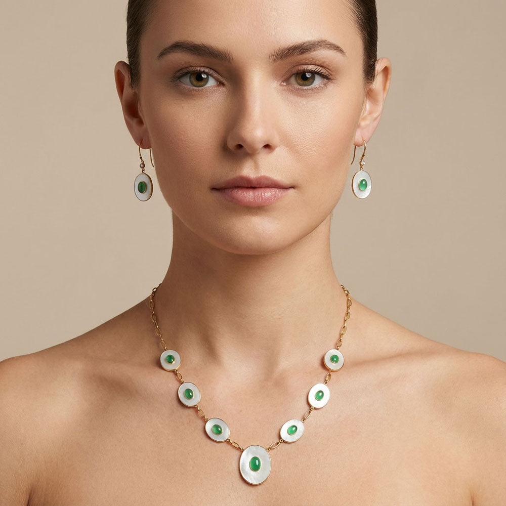 18K Gold Plated Mother Of Pearl and Green Onyx Necklace Earrings Set TT01019