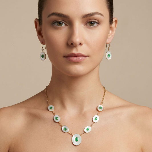 18K Gold Plated Mother Of Pearl and Green Onyx Necklace Earrings Set TT01019