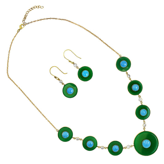 18K Gold Over Brass Green Onyx, Turquoise & Zircon Necklace Earrings Set TT01021