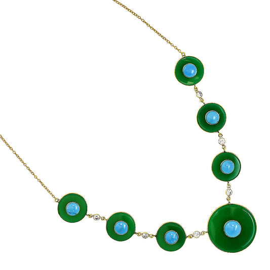 18K Gold Over Brass Green Onyx, Turquoise & Zircon Necklace Earrings Set TT01021